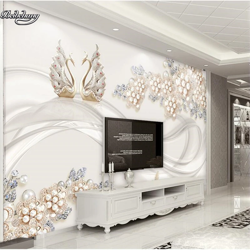 

beibehang Dynamic Stereo Diamond Pearl Flower Swan Relief Background Wall Customized Large Mural Nonwovens Wallpaper