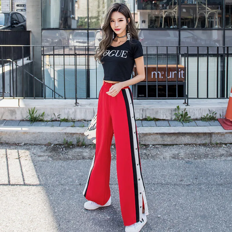 

TREND-Setter 2018 Spring and Summer New Metal Buckle Stitching Stripes Straight Pants Female Casual Pants Trousers Women