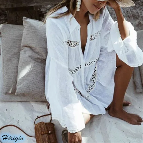 

Summer Women Casual Beach White Cove Up HOT Women Summer Casual Long Sleeve Turn-down Collar Loose Loose Cover Up Tops