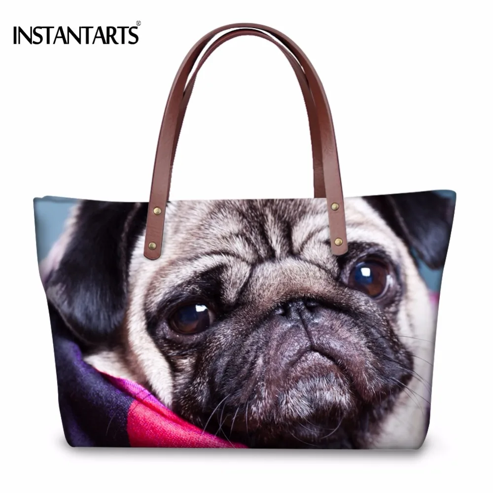 INSTANTARTS Cute 3D Pug Dog Printing Women Big Handbags Brand Design