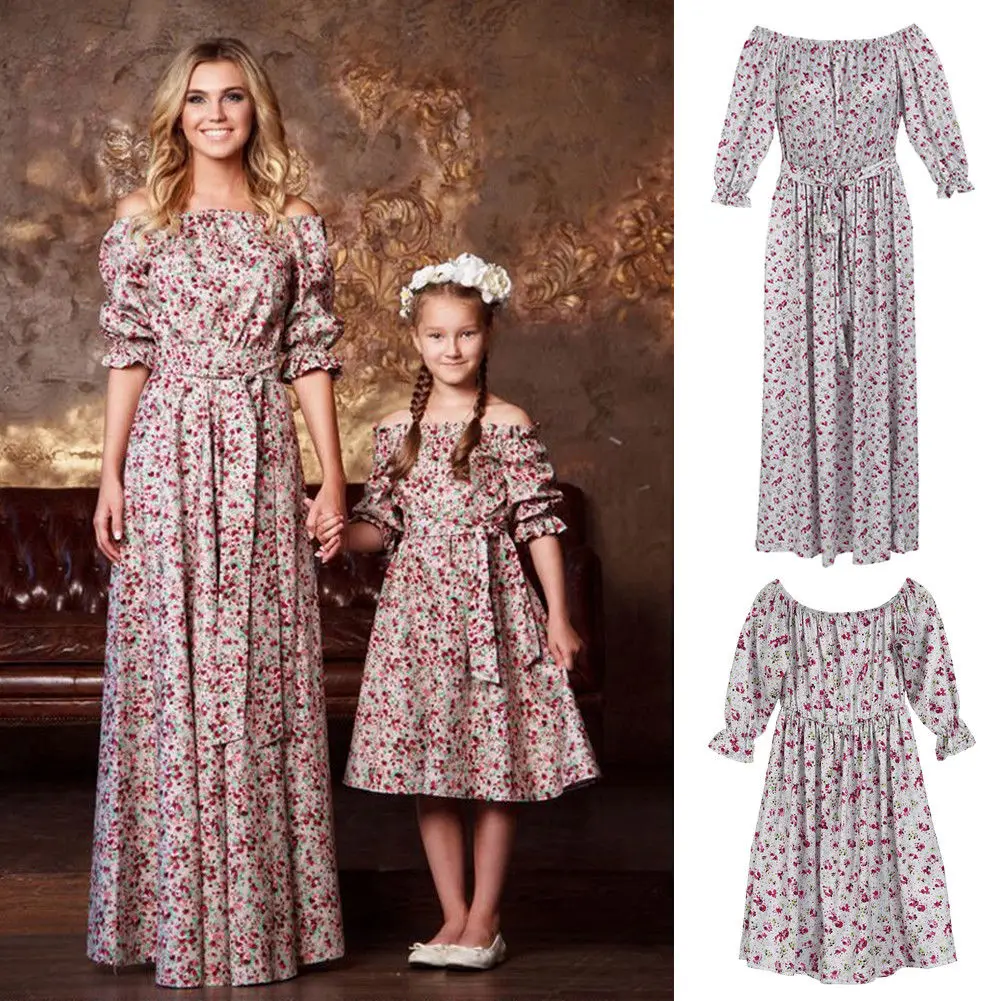 

Mother and Daughter Cloth Parent-child dress Family Matching Long sleeve Floral Print Off Shoulder A-Line Knee-Length Dress