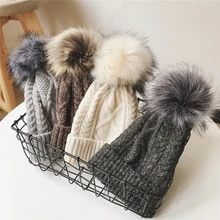 Зимняя Брендовая женская меховая помпонами шапка зимняя шапка для женщин женская шапка вязаные шапочки шапка Толстая Женская шапка Skullies Beanies