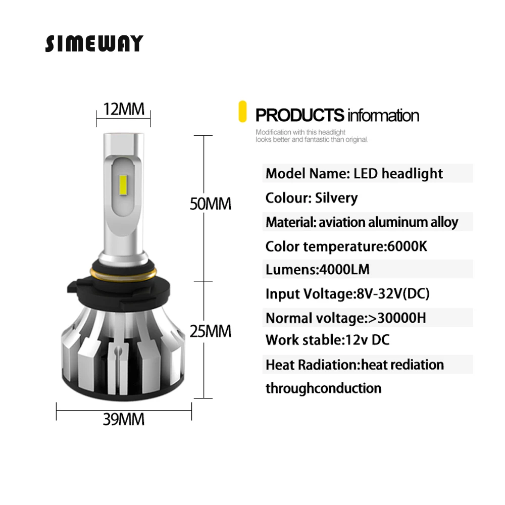 Simeway автомобиля h7 h4 светодио дный H1 H3 H8 H9 H11 9005 9006 9012 фар лампы с CSP чип 8000lm 6000 К автомобильной туман передний свет 12 В