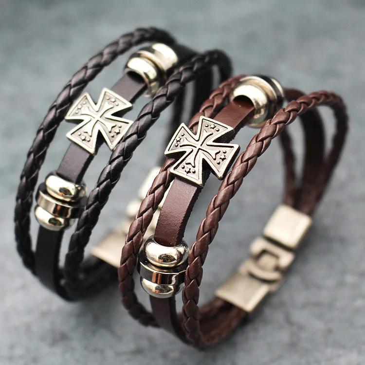 Модные кожаные браслеты с крестом, черный и коричневый, два цвета на выбор, стимпанк украшение для повседневного ношения