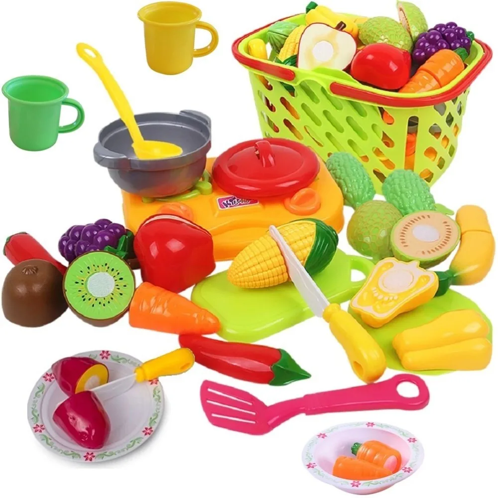 Резка играть овощи и фрукты с приготовления пищи игрушки для малышей-включает в себя красивые игры Бакалея Корзина для покупок