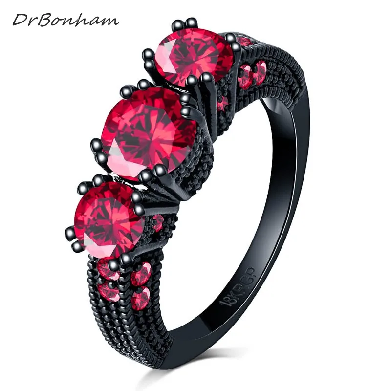 DrBonham Vintage Female Clear AAA Red Gem Black Gold Filled  Wedding Rings For Women 3 Stone Anel  DR1721