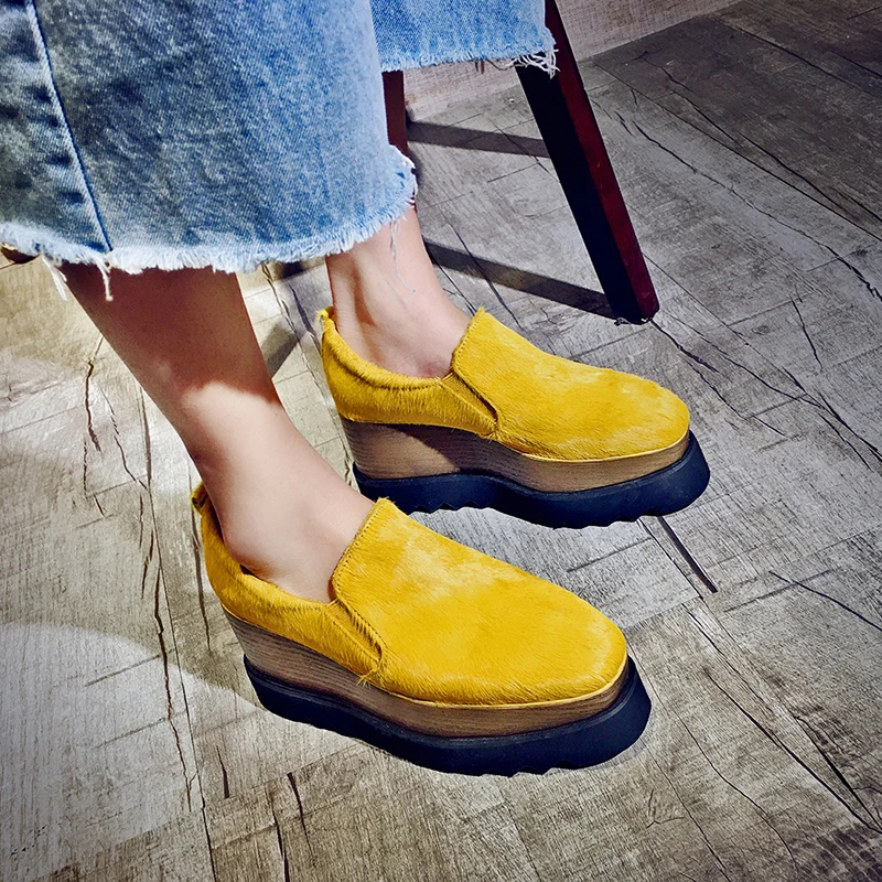 

2017 Spring New Women's Wedge Platform Horse Hair Flats Brand Designer Square Toe Slip-on Genuine Leather Fashion Comfort Shoes