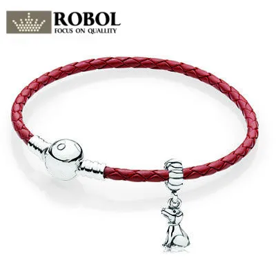 

ROBOL New Arrival 100% 925 Sterling Silver Simple Leather Cor Bracelet For Women With Chain Charm Beads Fashion Jewelry Original