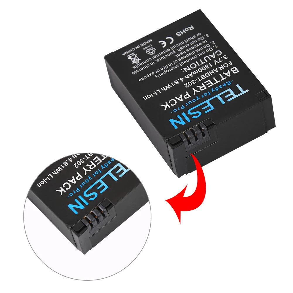 TELESIN Li-ion Battery Pack 3.7V AKKU AHDBT-302 Replacement Back Up Battery for GoPro Hero 3, Hero 3+ Plus Accessories