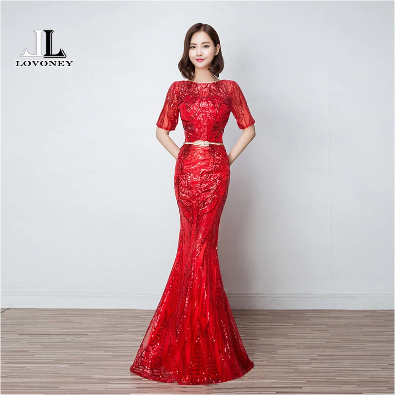 LOVONEY 2019 Sexy Mermaid Evening Dress Half Sleeves Golden Evening Dresses Long Formal Party Gown Vestido De Festa M216 LOVONEY 2019 Sexy Mermaid Evening Dress Half Sleeves Golden Evening Dresses Long Formal Party Gown Vestido De Festa M216