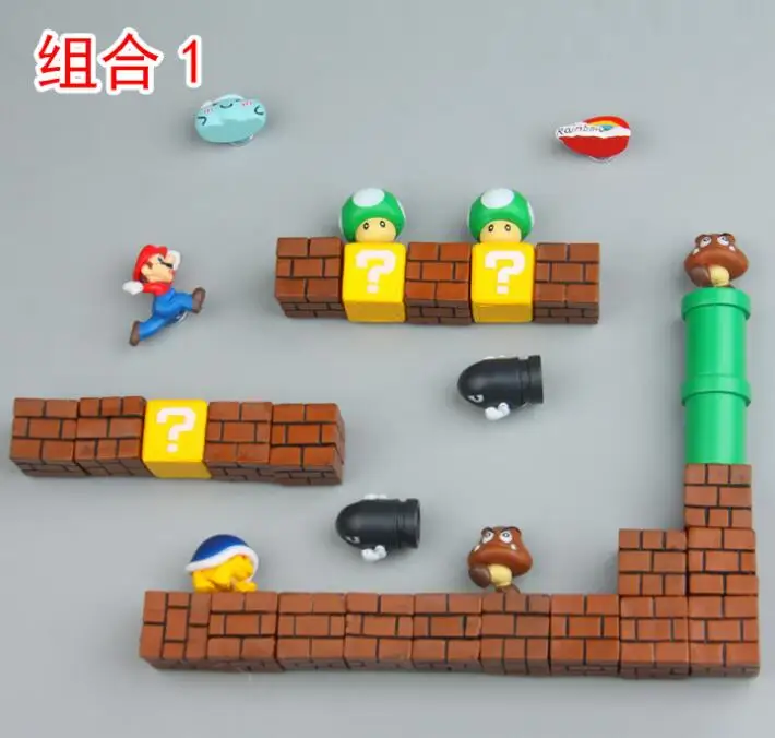 1 Set Mini Super Mario Fridge Magnets Toys Mario Bros Figurine Figura Magnetive Stickers Toys Mario Question Brick Metal Magnets