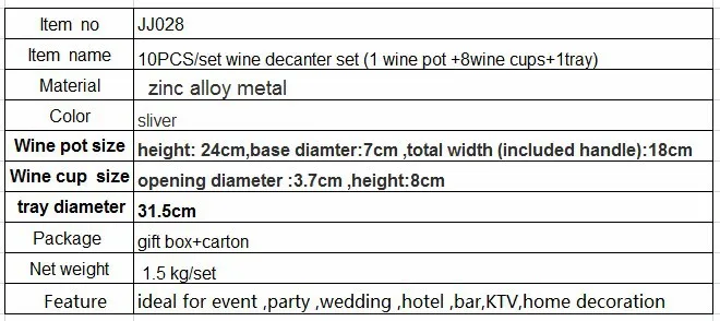 10 шт./компл. цинковый сплав металла винный набор графин 1 Вино горшок кувшин Настой 8 чашек лоток drinksware рельефные украшения дома jj028