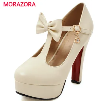 

MORAZORA Women PU soft leather pumps big size 34-47 high heel shoes platform sweet fashion wedding shoes bride buckle