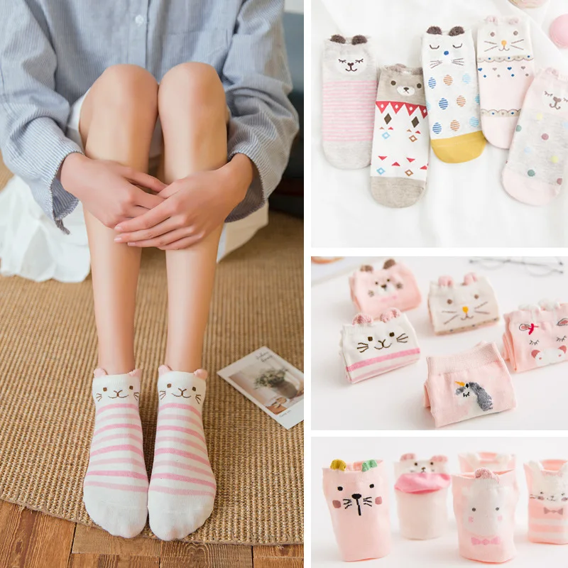 5 пар, хлопковые носки в Корейском стиле, женские милые носки до лодыжки, короткие носки, повседневные носки с рисунками животных, с ушками и красными сердечками, розовые носки для девочек