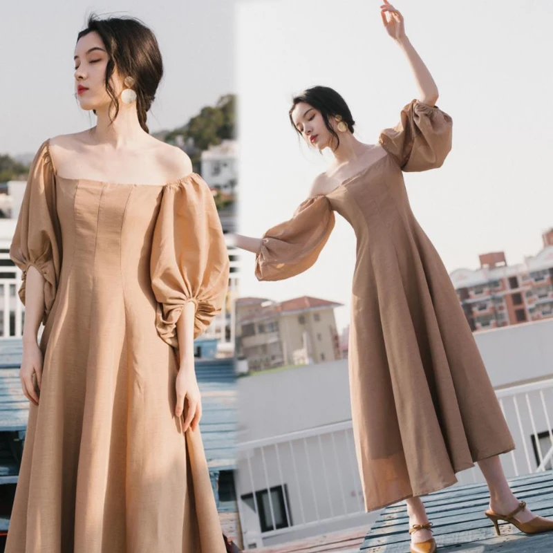 

Vintage 80s Dress French Style Slim Fit Midi Dress Half latern Sleeve High Waisted Retro Holiday Dress Women