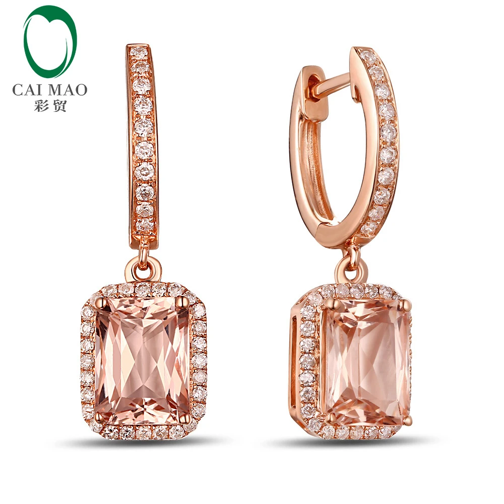 Caimao 2.77ct Morganite Diamond Drop Dangle Earrings Real 14kt Rose Gold