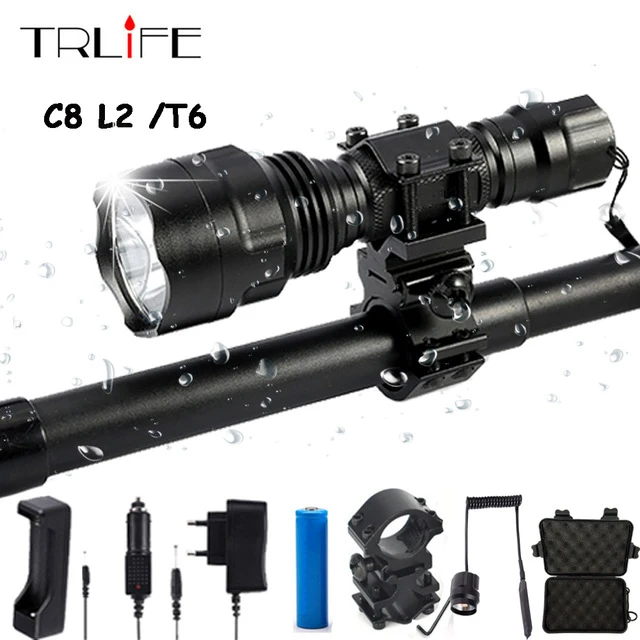 Linterna LED Flashlight L2 T6 8000LM Tactical Flashlight Aluminum Hunting Flash Light Torch Lamp +18650+Charger+Gun Mount Linterna LED Flashlight L2 T6 8000LM Tactical Flashlight Aluminum Hunting Flash Light Torch Lamp +18650+Charger+Gun Mount
