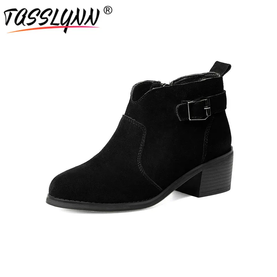 

TASSLYNN 2018 Autumn Women Boots Buckle Cow Suede Woman Shoes Square Heels Ankle Boots Round Toe Fashion Casual Shoes Size 34-43