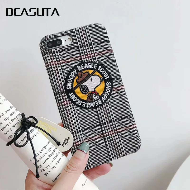 

Cartoon snoopys mouse embroidery Canvas phone Case for iPhone 7Plus 7 8Plus 6 6s Plus X XR XS Max Cute Mickey case capa