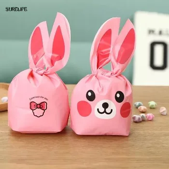 

100pcs/lot pink rabbit ear bags plastic candy biscuit snack Gift Packaging Bags party Supplies