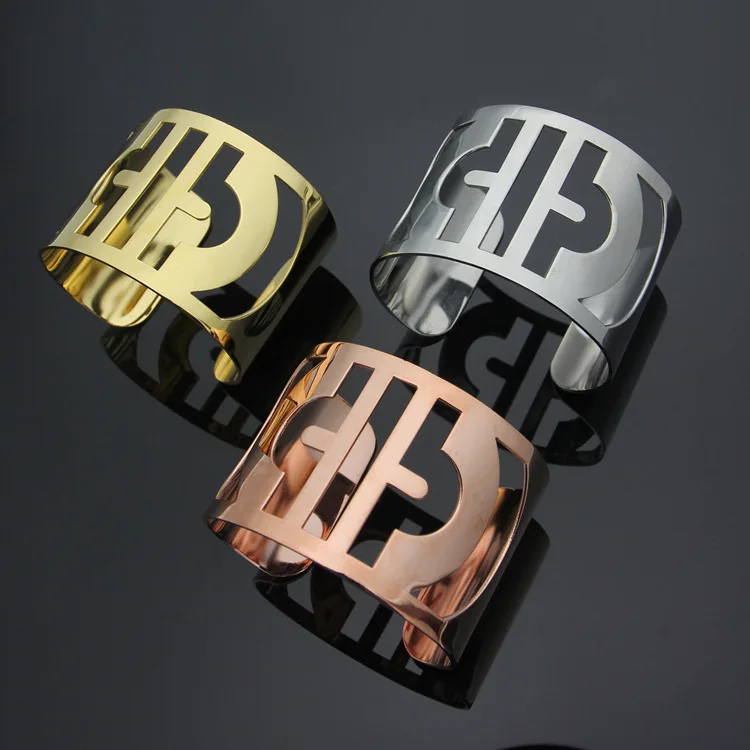 

High quality titanium steel jewelry exaggerated hollow back shape wide face open bracelet for women