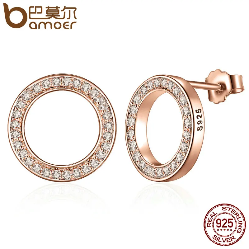 BAMOER Forever Clear CZ 925 Sterling Silver Circle Round Stud Earrings with CZ Jewelry GIFT Oorbellen Bijoux PAS437
