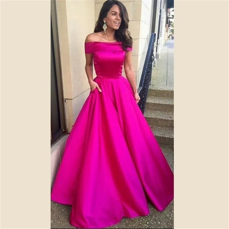 

Sexy A Line Off Shoulder Arabic Evening Dresses 2015 Robes De Soiree Longue Fuchsia Boat Neck Long Party Dresses