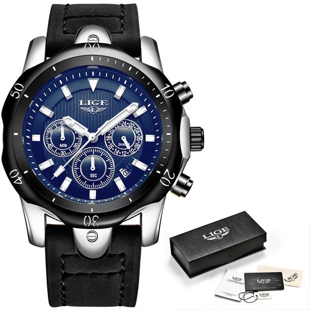 Silver blue LIGE для мужчин s часы Роскошные брендовые кварцевые часы для мужчин повседневное кожа Военная Униформа водонепроница - Цвет: Silver blue