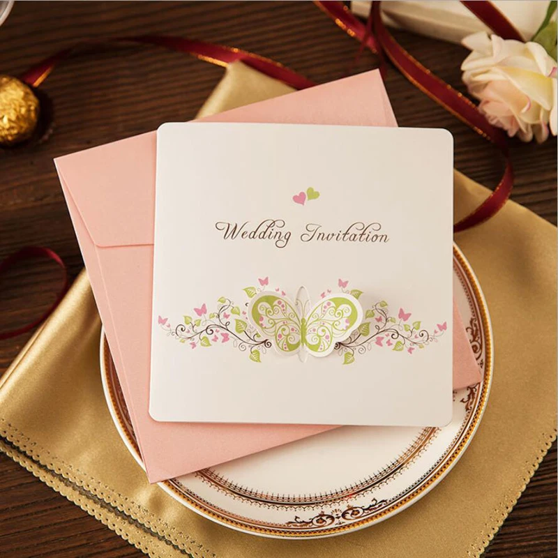 50 pieces/lot) Korean Style Pop Up Butterfly Wedding Invitation Card Printable& Customize White Marriage Cards IC026