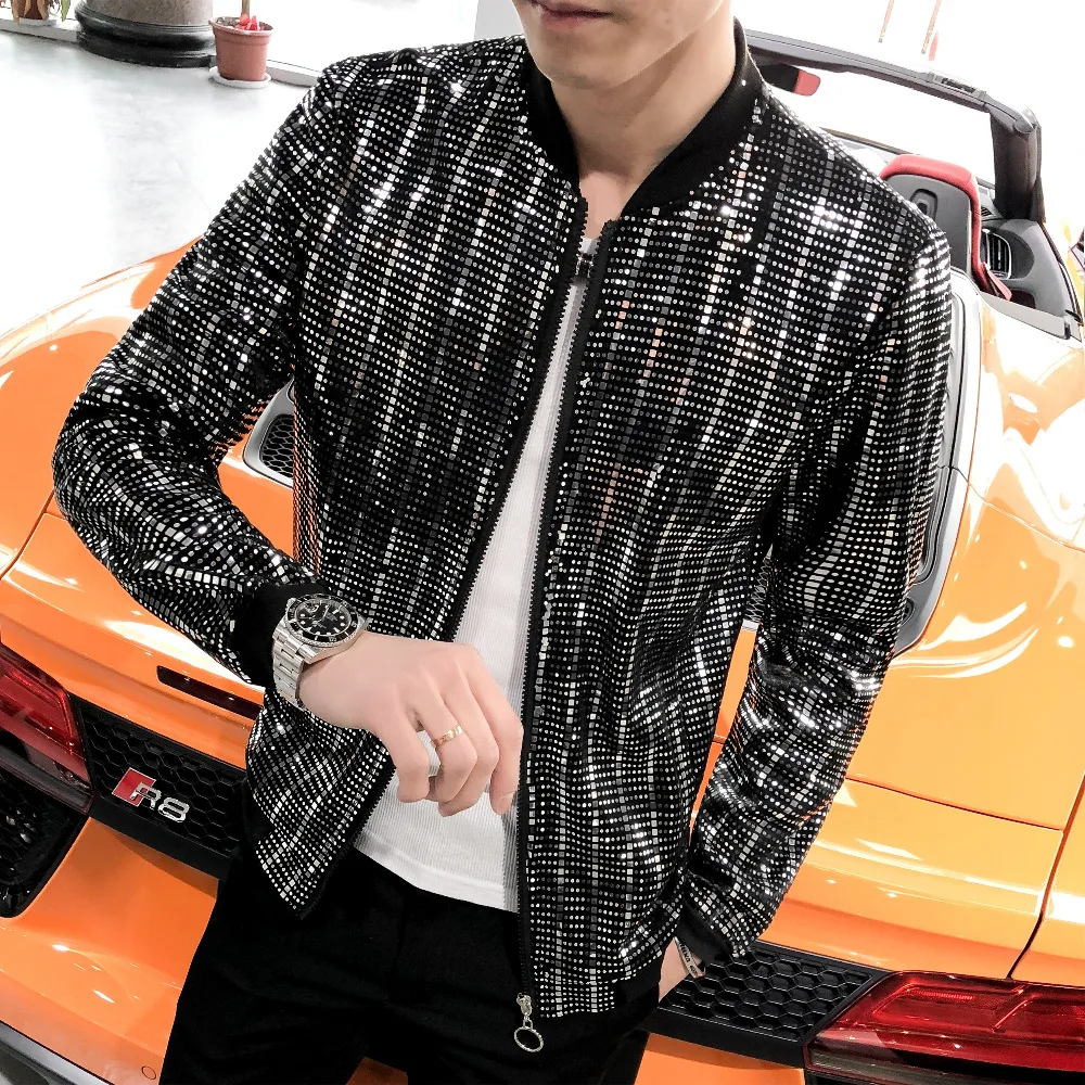 

Sequined Jacket Men Summer Thin Style Outerwear Coat 2019 New Design High Stretch Slim Fit Glitter Jackets Men