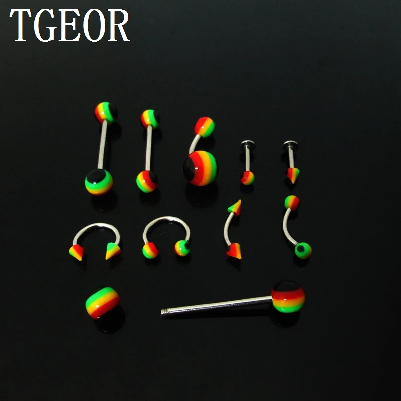 

free shipping body piercing jewelry 1 Pair rasta reggae tongue barbell ring acrylic labret piercing tragus eyebrow ring