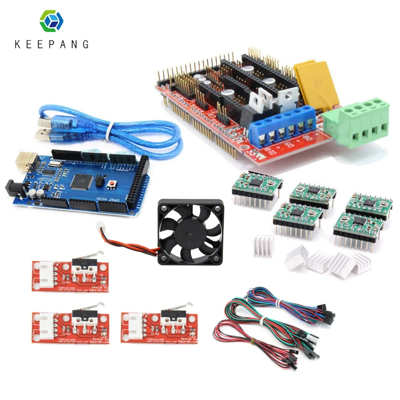 1 шт. Mega 2560 R3 для arduino+ 1 шт. RAMPS 1,4 контроллер+ 5 шт. A4988 шаговый Драйвер+ 3 шт. фиксатор+ 5 шт. радиатор 3d Принтер Комплект