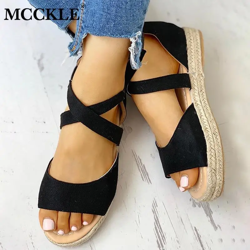 

Women Straw Flat Platform Summer Sandals Ladies Zip Cover Heel Open Toe Cross Strap Espadrille Female Casual Shoes Comfortable