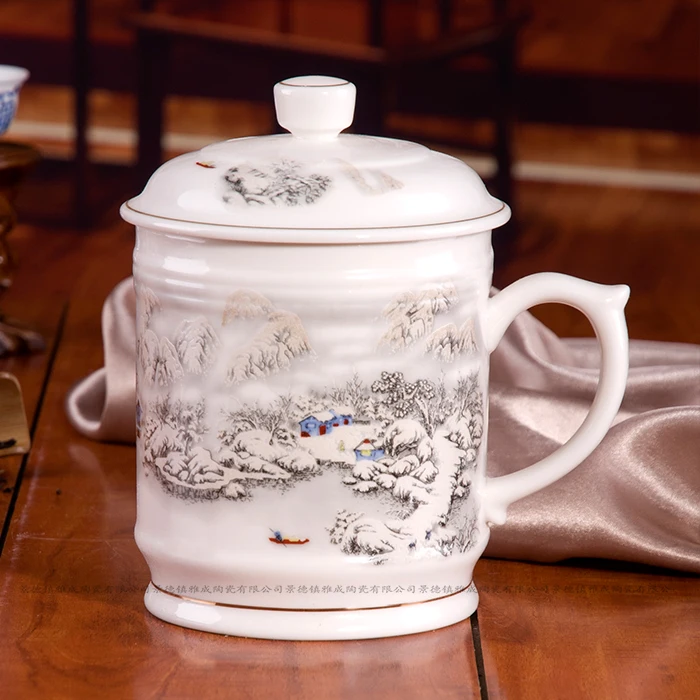 

White porcelain "Jingdezhen snow cold forest map color" big bone china cups with a cover of environmental protection