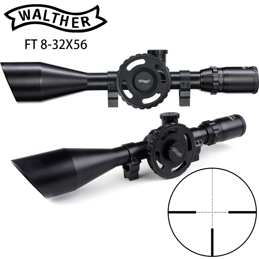 WALTHER FT 8-32X56 Hunting Riflescopes Mil Dot Reticle Large Side Wheel Parallax Adjustment Shooting Scope with Dovetail Rings WALTHER FT 8-32X56 Hunting Riflescopes Mil Dot Reticle Large Side Wheel Parallax Adjustment Shooting Scope with Dovetail Rings