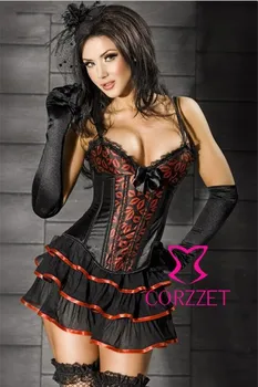 

Latex Bustier Women Corpete Corselet Espartilho Burlesque Red Lip Pattern Black Satin Zipper Sexy Corset Dress(Top+Tutu Skirt)