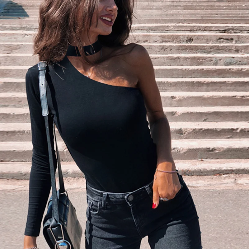 Sexy Cotton Halter One Shoulder Bodysuit Women Spring Solid Long Sleeve Hollow Out Bodycon Casual Robe Femme Jumpsuit