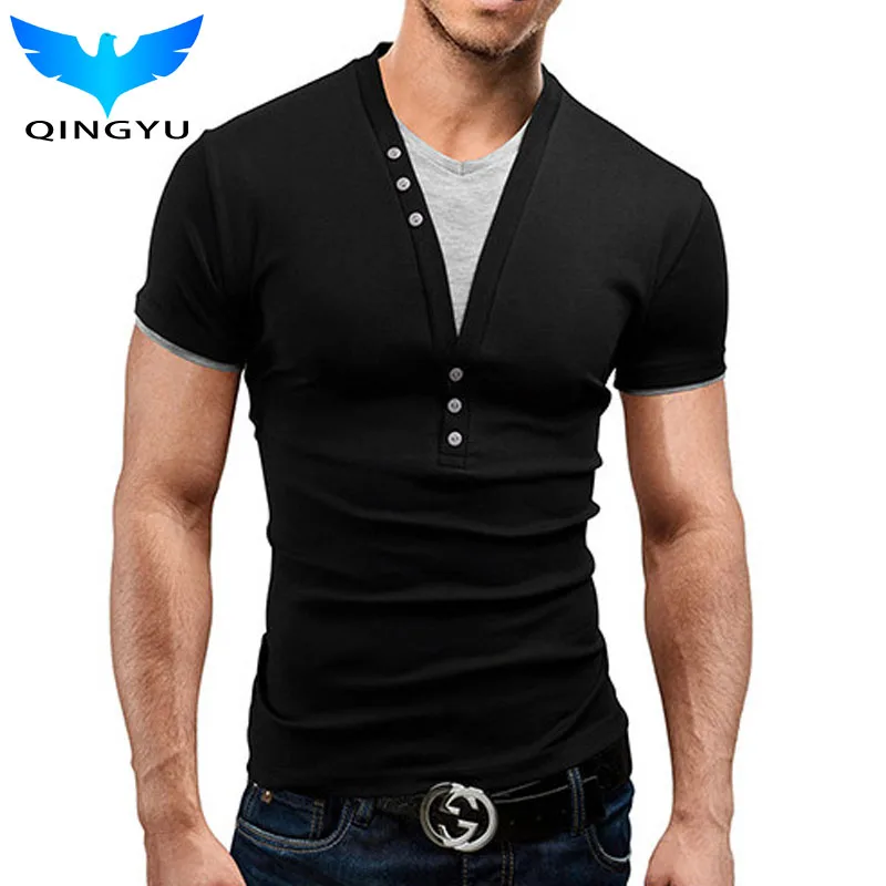 

QINGYU Male 2018 Short Sleeve Fake Two T Shirt V-Neck Slim Men T-Shirt Camisetas Fashion Tops Tee Shirt Homme T Shirts XXXL