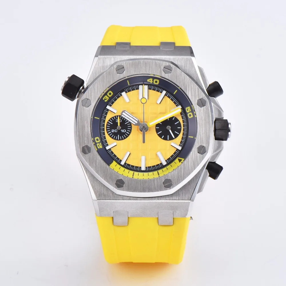 

CORGEUT 42MM Quartz Movement Men's Watch Yellow Rubber Strap Stainless Steel Case, Polished Bezel Clock A1-09