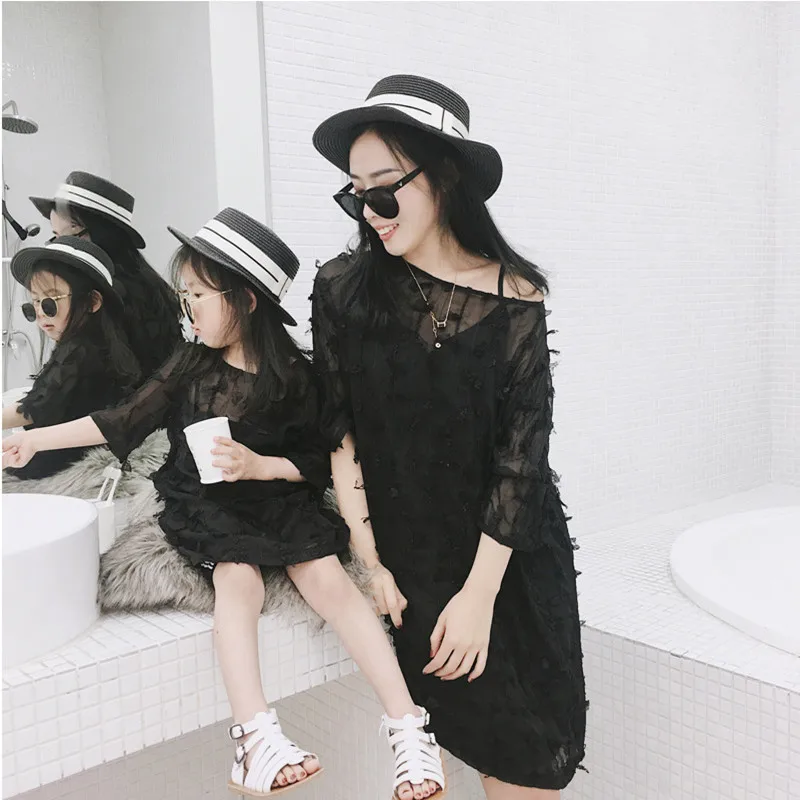 

2019 Summer Mommy and me 100% Cotton Short Sleeve Dresses Family Matching Outfits Mother Daughter Dress Beach Vacation Clothing