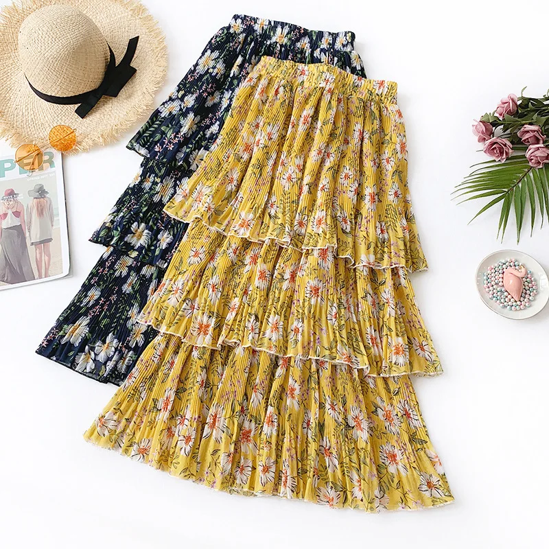 

Chiffon Skirt 2019 New Summer Print Pleated Skirts Womens 3-layer Cake Fairy Sea Beach Bohemian Long Skirt Jupe Femme Saias