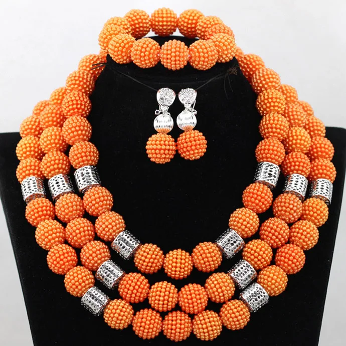 Splendid Orange African Costume Wedding Beads Balls Jewelry Set Sliver Plated Indian Bridal Gift Free Shipping QW400 |