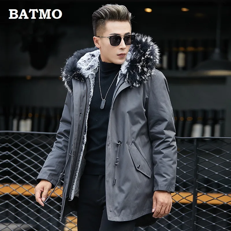 Batmo Новое поступление зимняя высококачественная теплая куртка с капюшоном из кроличьего меха, синяя мужская куртка, парки с воротником из меха енота для мужчин 1820 - Цвет: gray