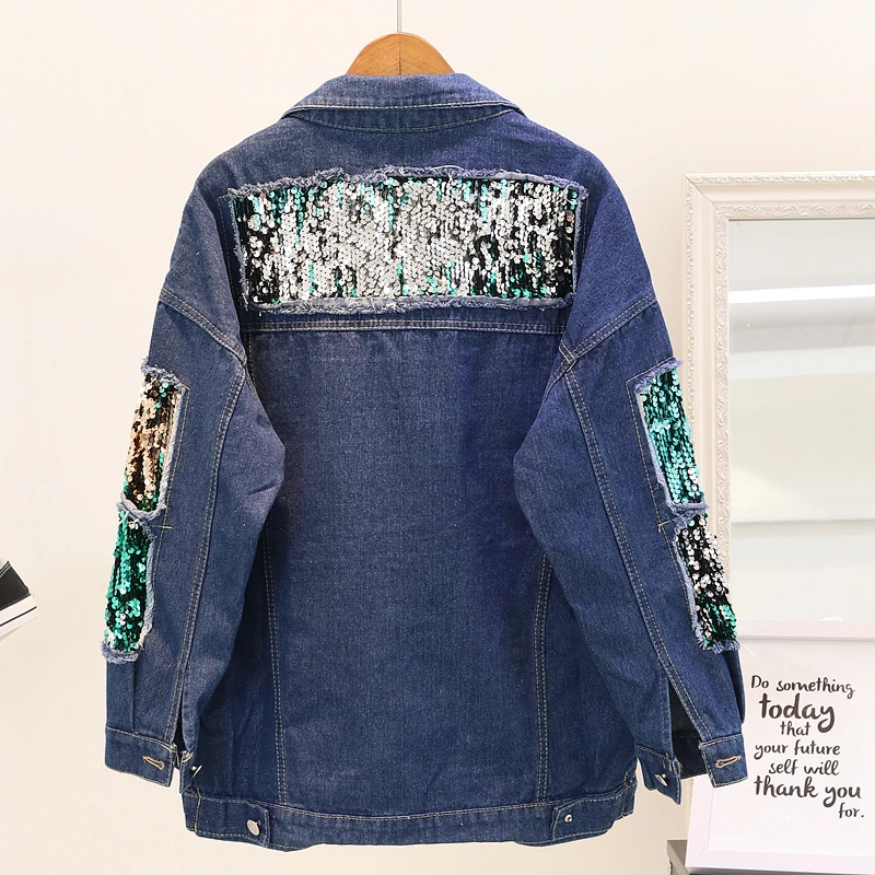 Veste Longues Déchiré Manches Trous Blue Manteau Jeans Lâche Étudiant Paillettes Et De Dark Nouveau Denim Lavé Printemps Automne Femmes 2018 86Yz0z