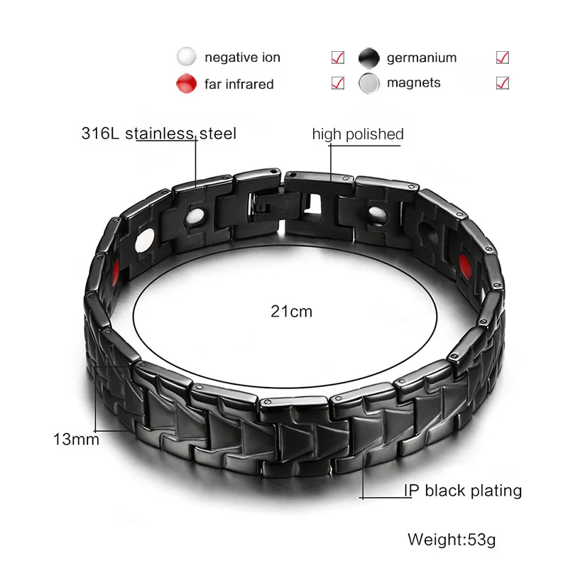 Vinterly черный магнитный браслет мужской энергии здоровья био Магнитная терапия Германий нержавеющая сталь браслеты мужские ювелирные изделия