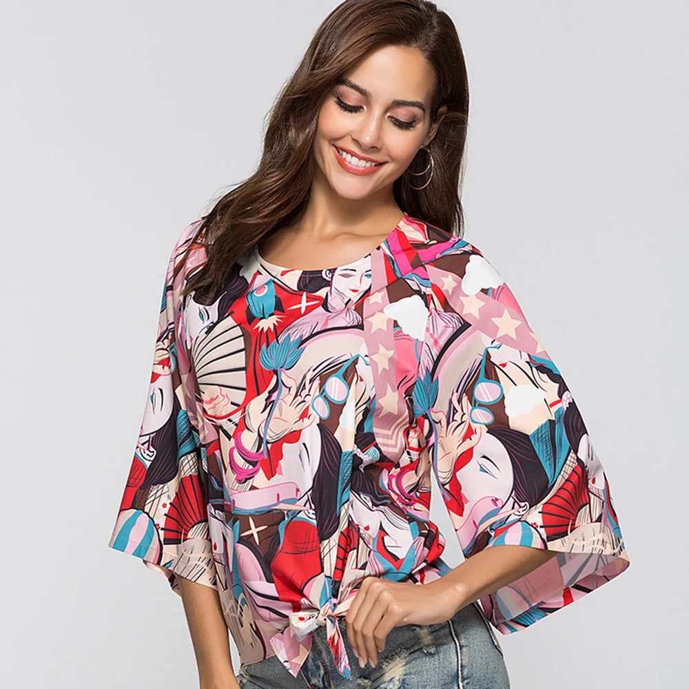 lace round neck plain three quarter sleeve blouse