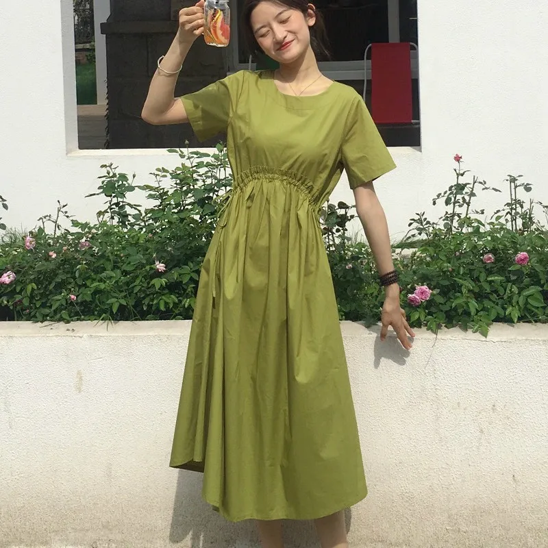 

Women Summer Long Green Dress A-Line Vestidos Slim Waist Drawstring Elegant Plus Size White Robe Femme Ete Vintage Sukienki