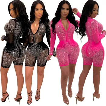 

Women Jumpsuit Party Body Beading Mesh Sexy Bodysuit Zipper V Neck Transparent Bodysuit Long Sleeve Short Jumpsuit Overalls