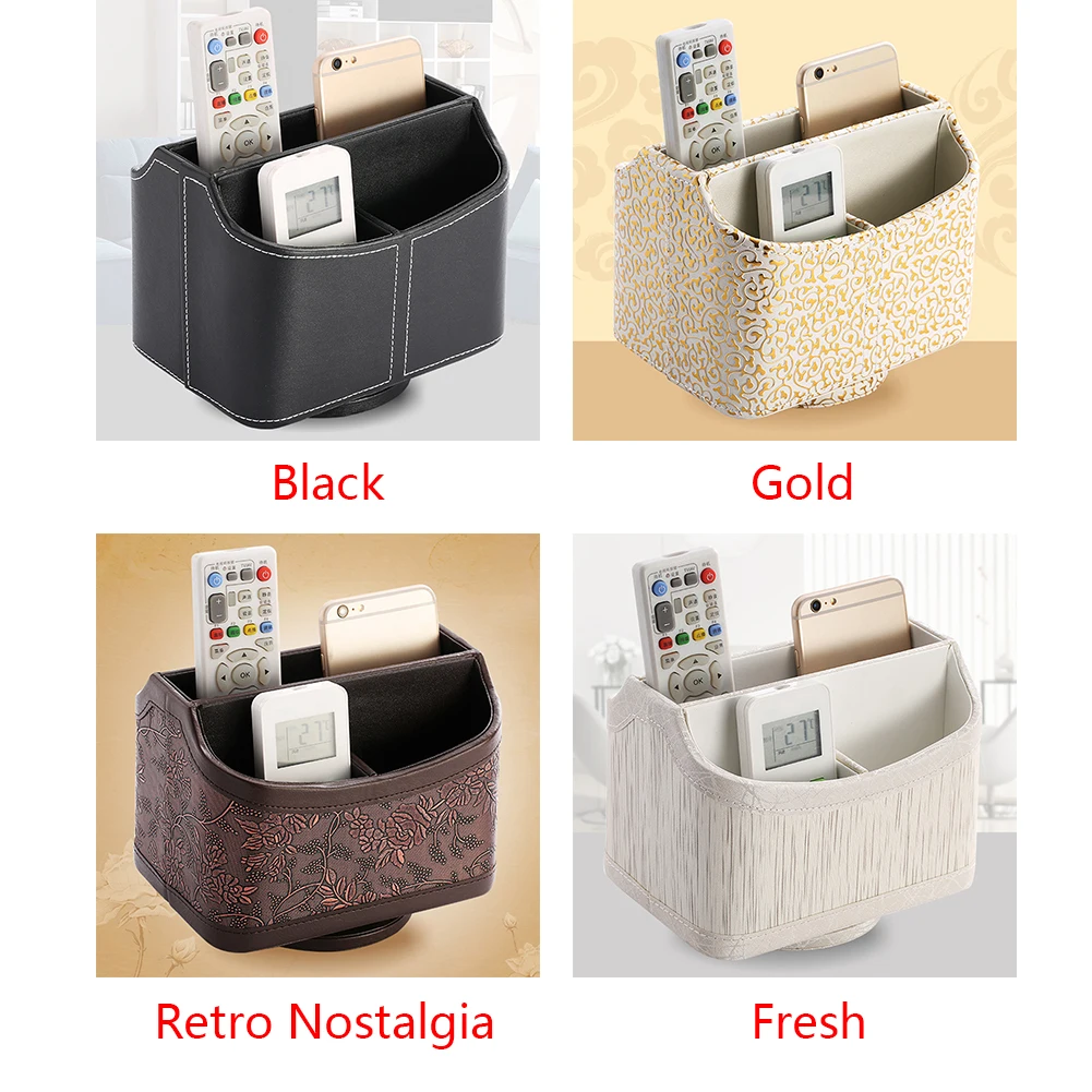 

Home PU Leather Remote Control Phone Holder Retro Desktop Rotatable Storage Box Office Makeup Cosmetic Stationery Container