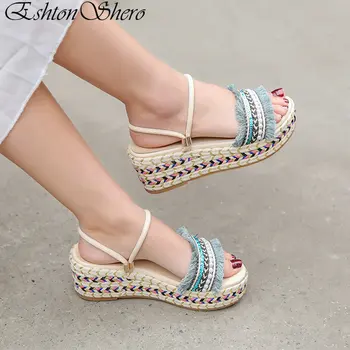 

EshtonShero Summer Women Sandals Shoes Woman Wedge High Heels Platform Cow Leather+PU Ankle Buckle Ladies Wedding Shoes Size 3-8